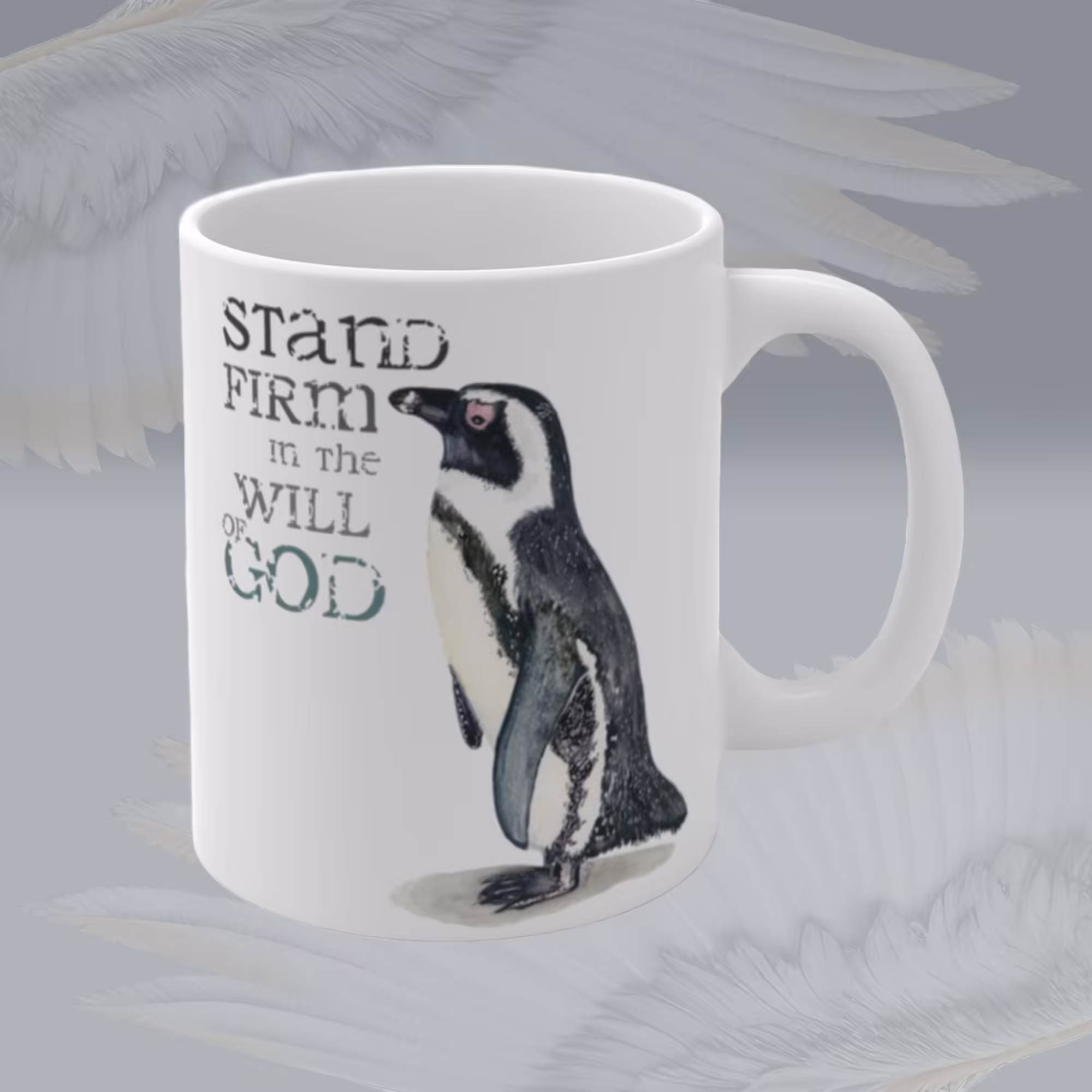Stand Firm Penguin Winter Mug Framed By Angels Fly Here