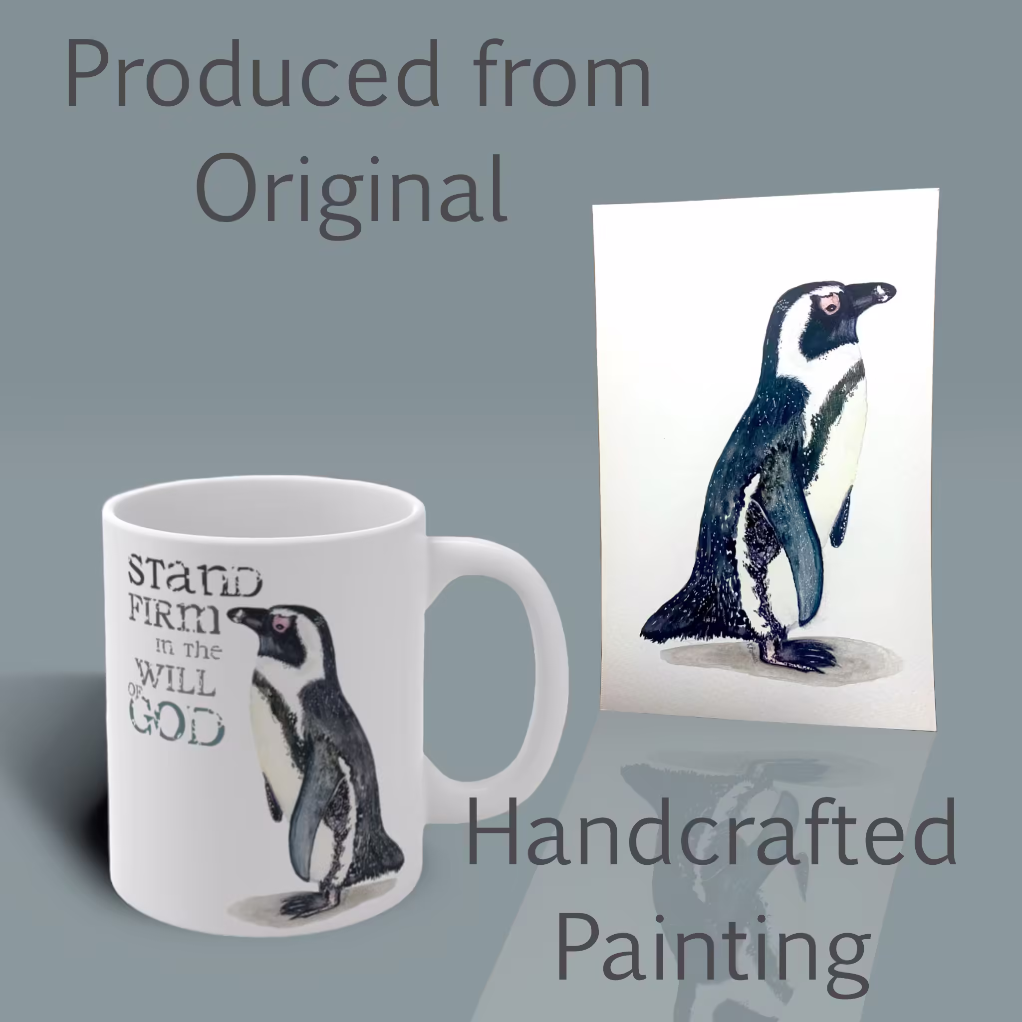 Stand Firm Penguin Winter Mug Shown with the Original Watercolor Painting