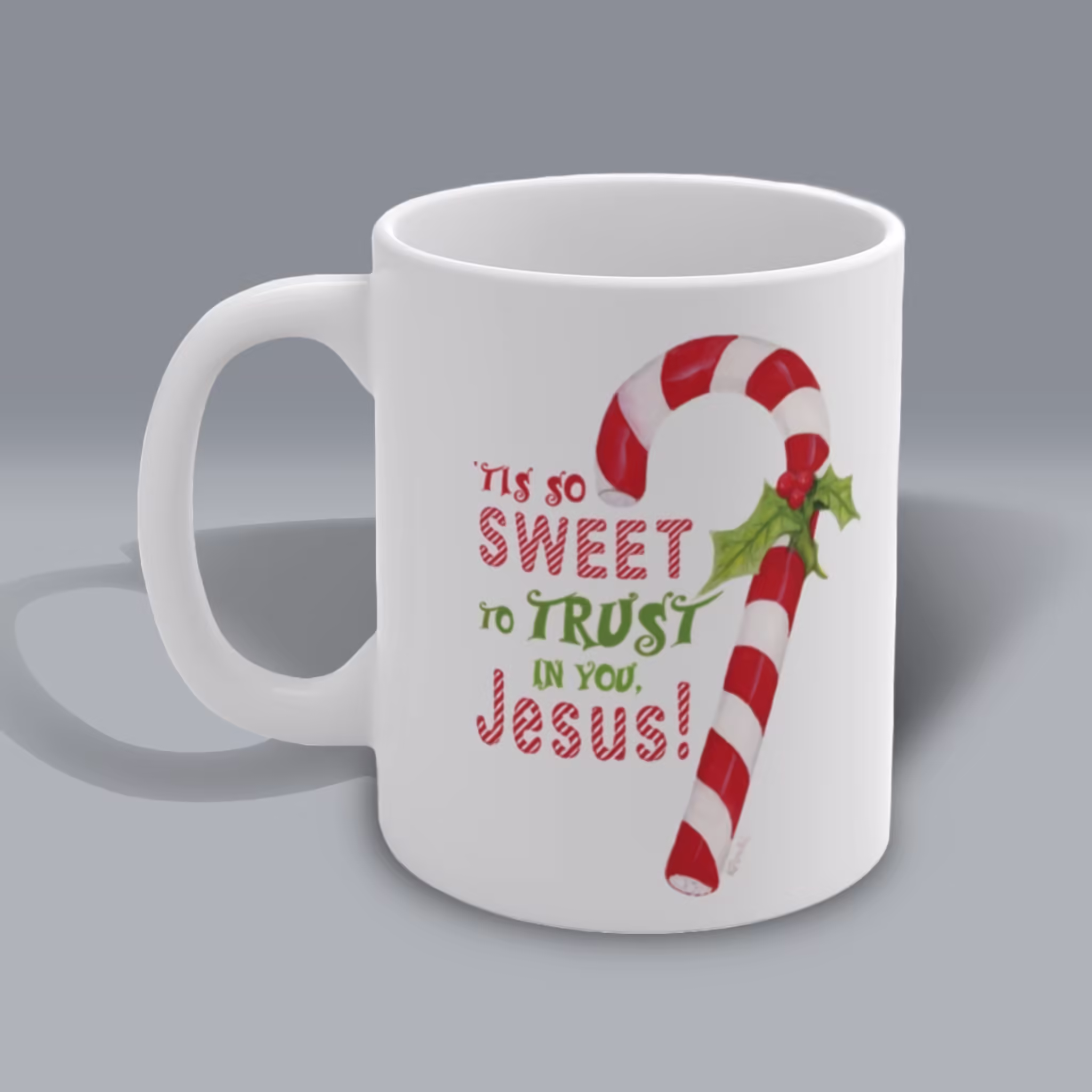 Sweet Trust Christmas Candy Cane and Holly Mug Left