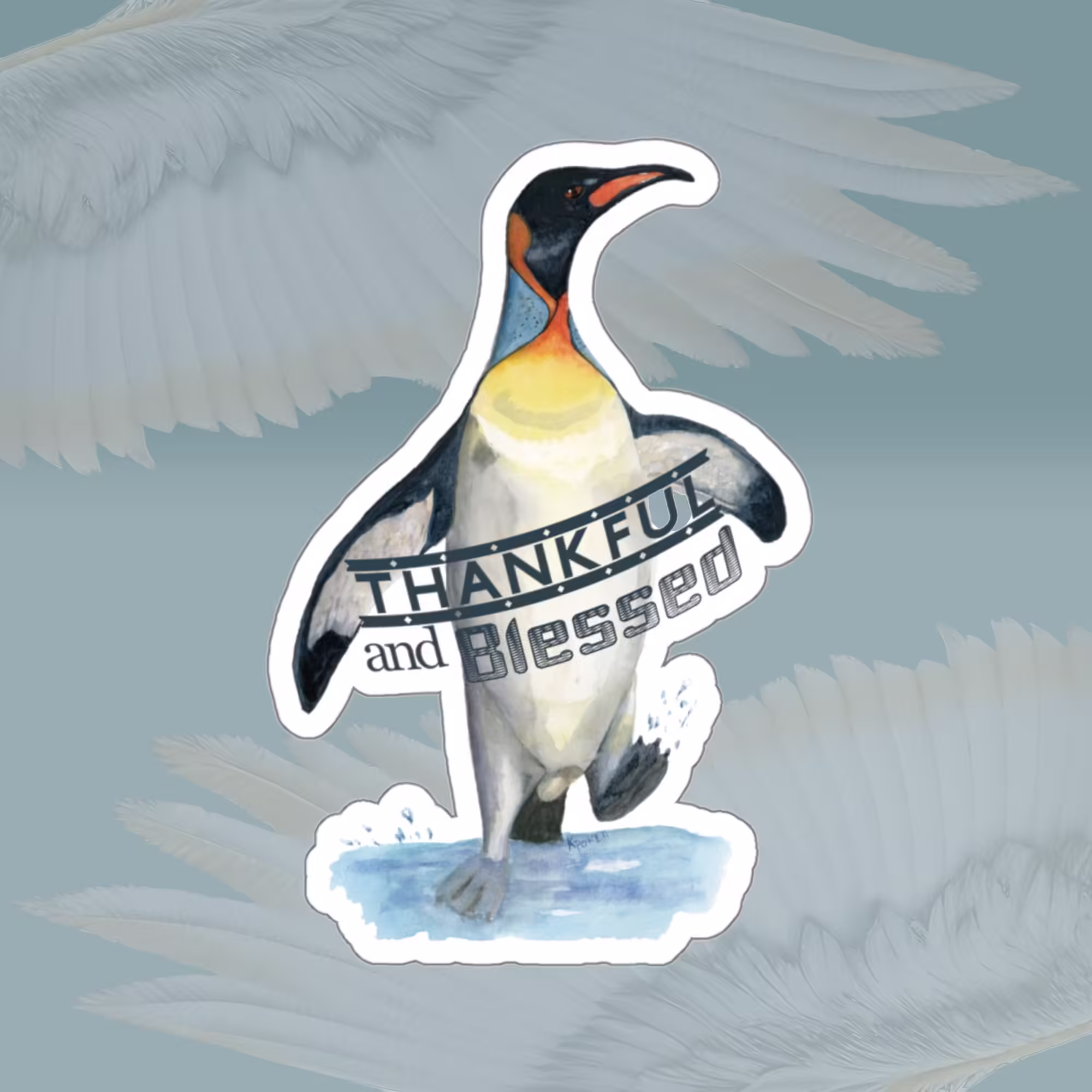 Thankful & Blessed Penguin Splash Sticker White Framed By Angels Fly Here
