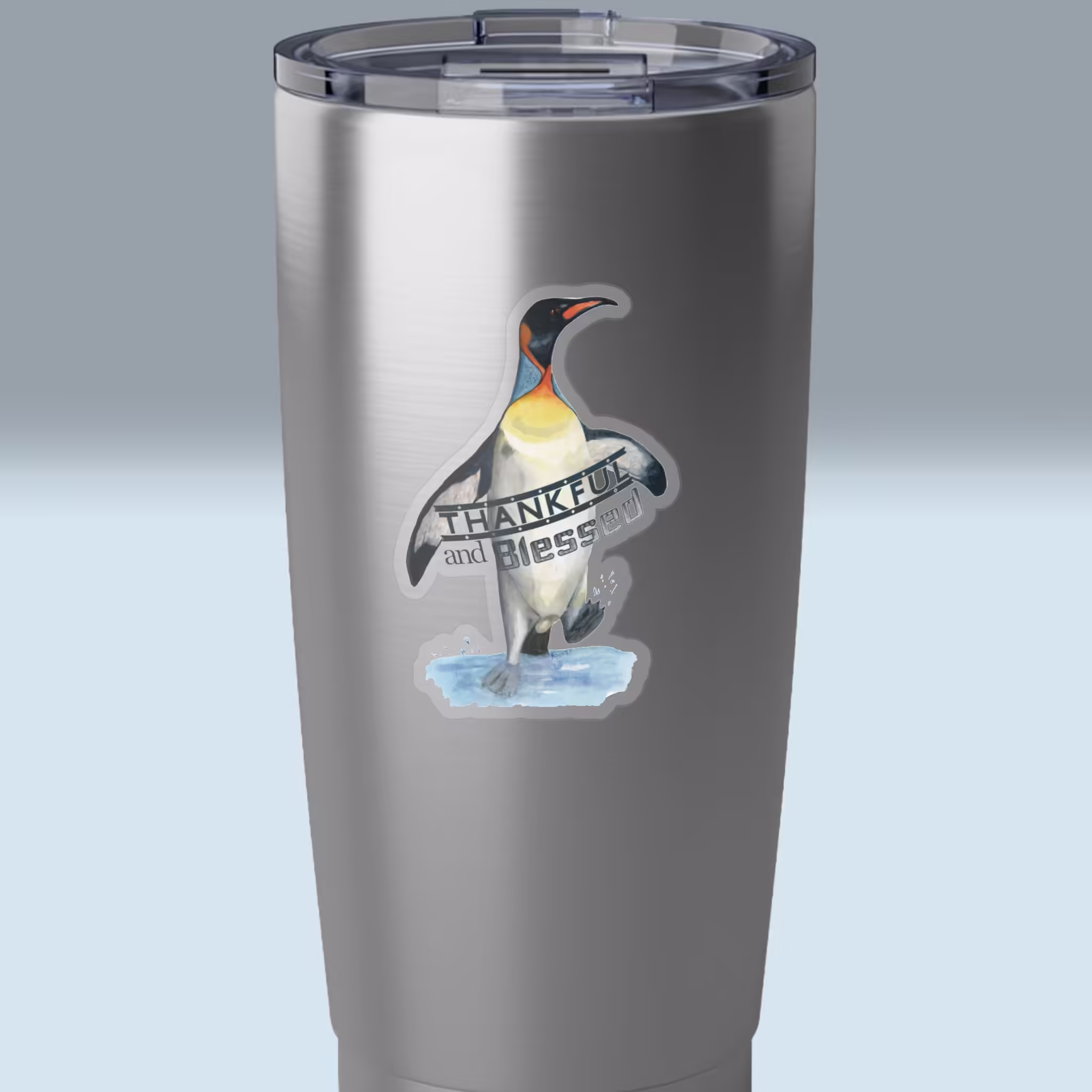 Thankful & Blessed Penguin Splash Transparent Tumbler Sticker