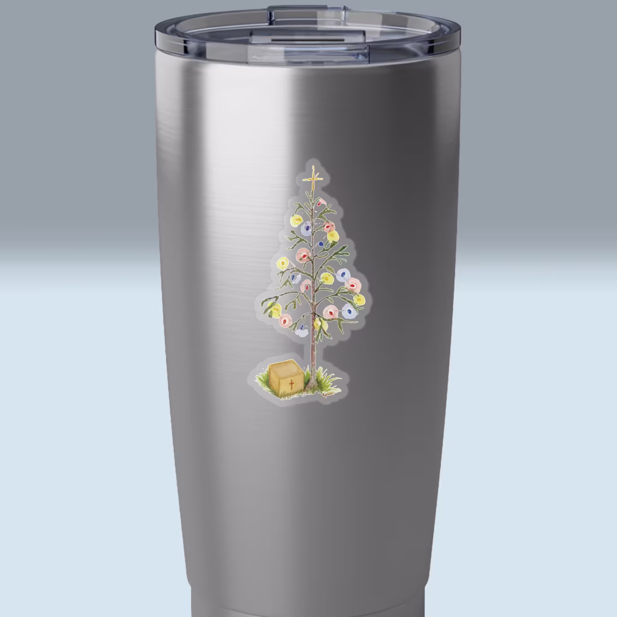 The Gift of Jesus Simple Christmas Tree Sticker 3x3 Transparent on a Tumbler