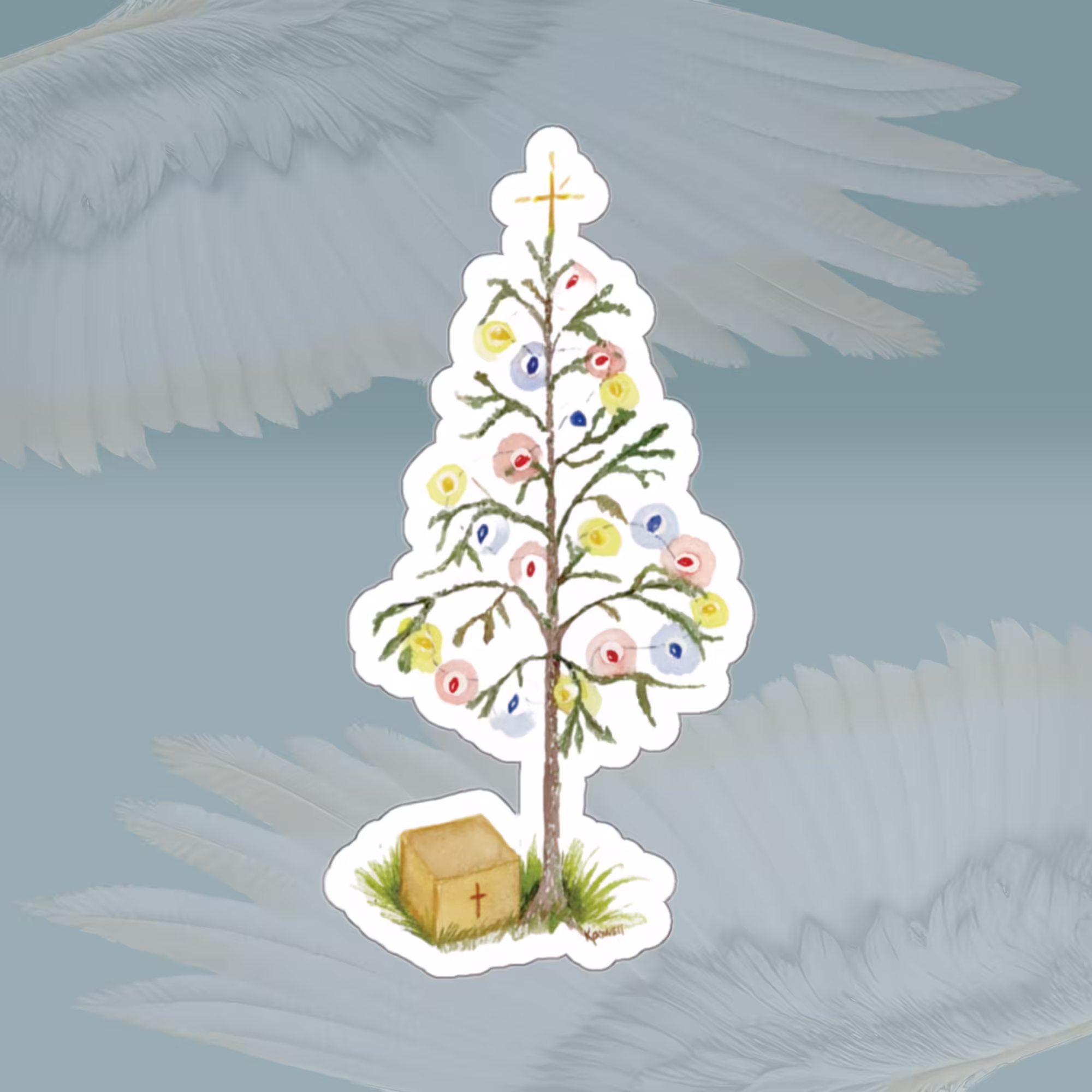 The Gift of Jesus Simple Christmas Tree Sticker Framed by Angels Fly Here