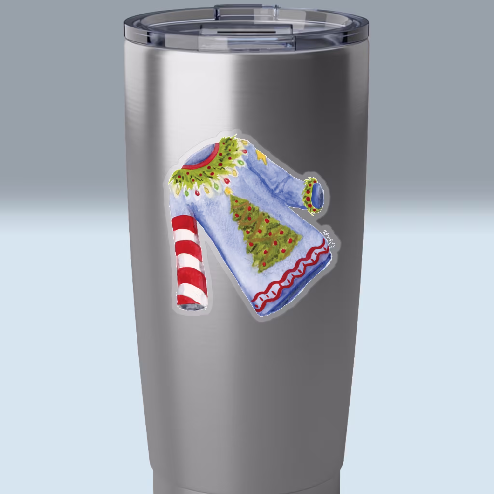 Ugly Christmas Sweater Sticker 3x3 Transparent on a Tumbler