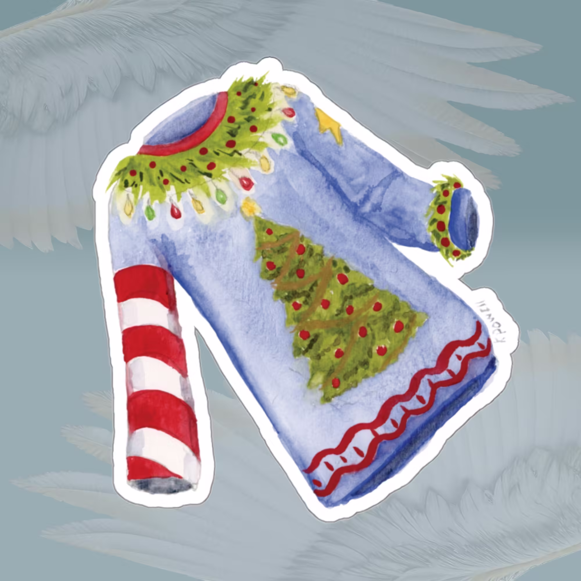 Ugly Christmas Sweater Sticker White Framed By Angels Fly Here