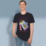 Ugly Christmas Sweater Tee Whimsical Holiday Edition Black Colored Haloed Tee Worn By a Happy Male Customer