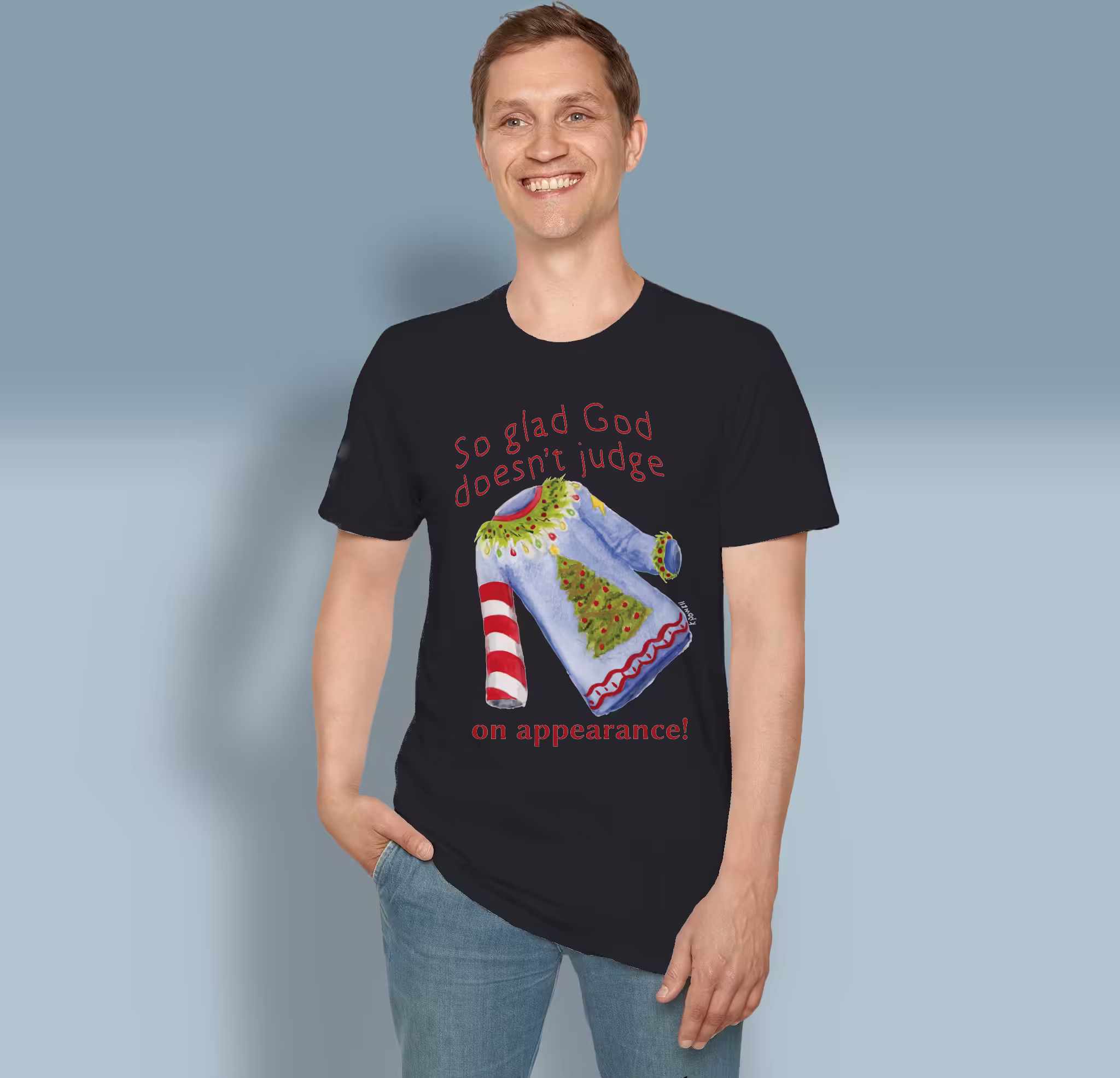 Ugly Christmas Sweater Tee Whimsical Holiday Edition Black Colored Haloed Tee Worn By a Happy Male Customer