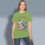 Ugly Christmas Sweater Tee Whimsical Holiday Edition Lime Colored Haloed Tee Worn By a Happy Female Customer