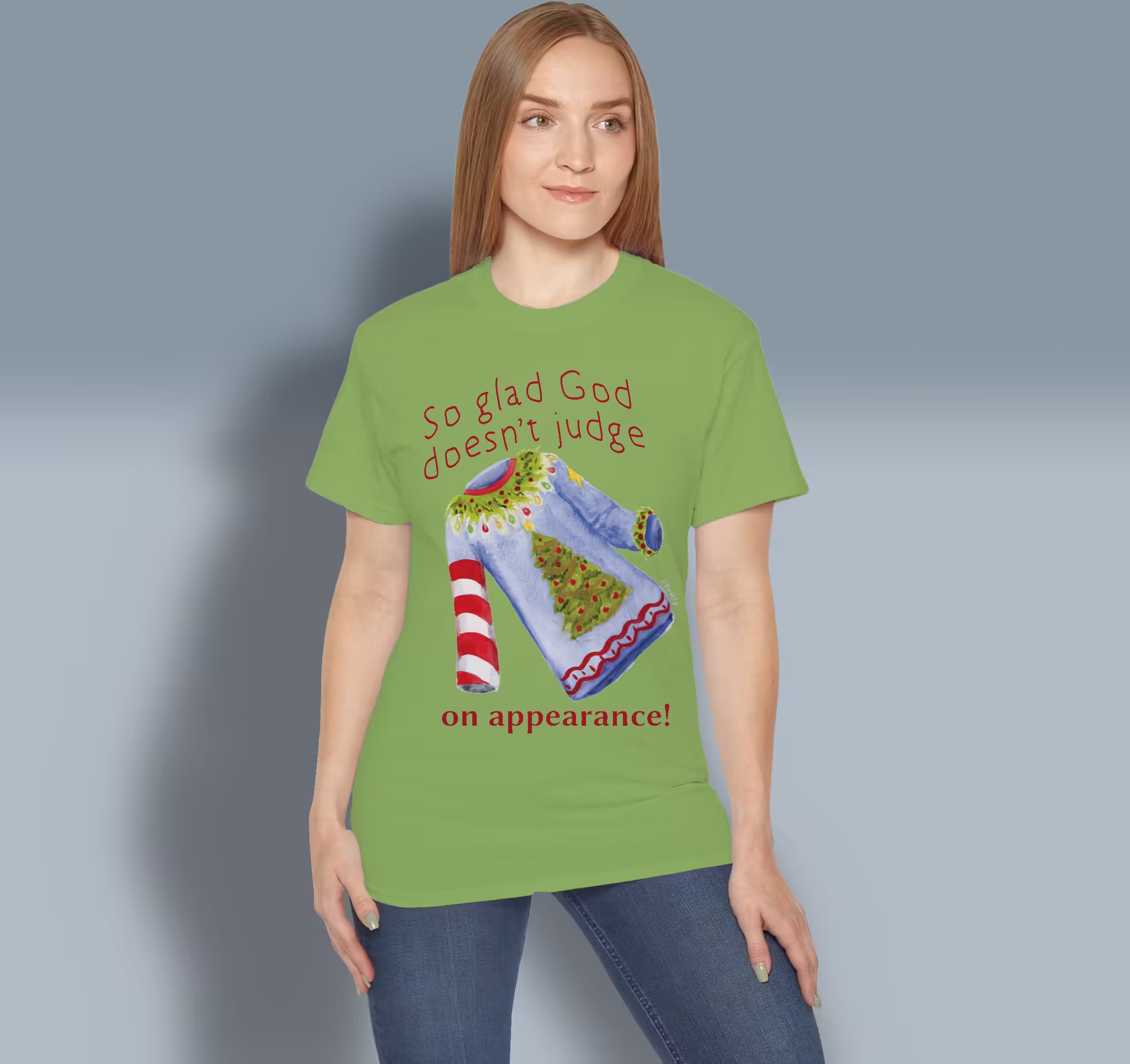 Ugly Christmas Sweater Tee Whimsical Holiday Edition Lime Colored Haloed Tee Worn By a Happy Female Customer
