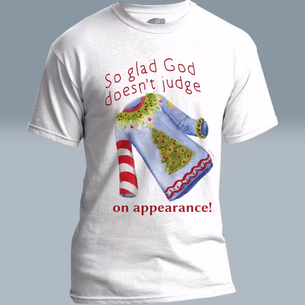 Ugly Christmas Sweater Tee Whimsical Holiday Edition White Colored Haloed Tee