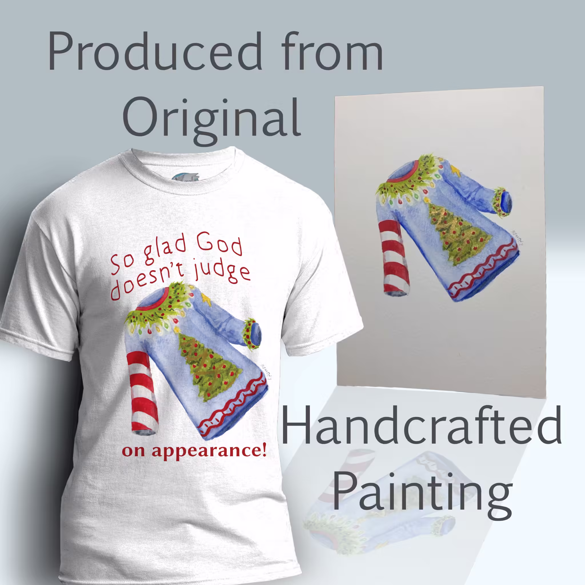 Ugly Christmas Sweater Tee Whimsical Holiday Edition White Colored Haloed Tee With The Original Painting