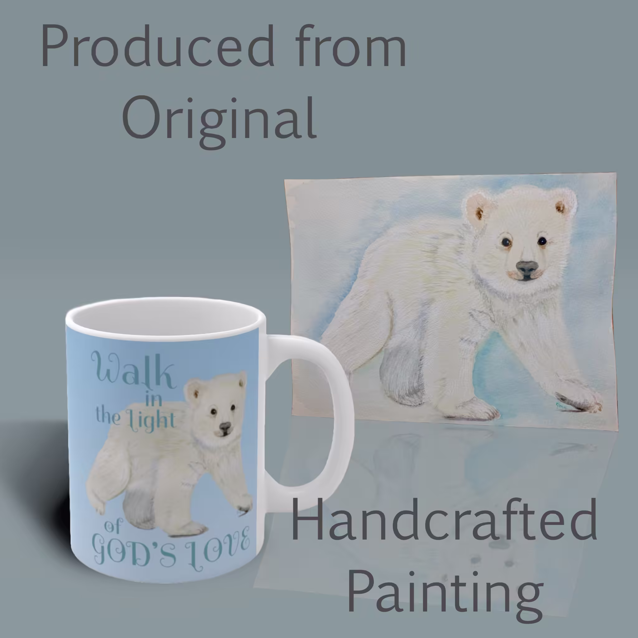Walk in God's Love Polar Bear Mug – Winter Collection Right Shown with the Original Watercolor painting