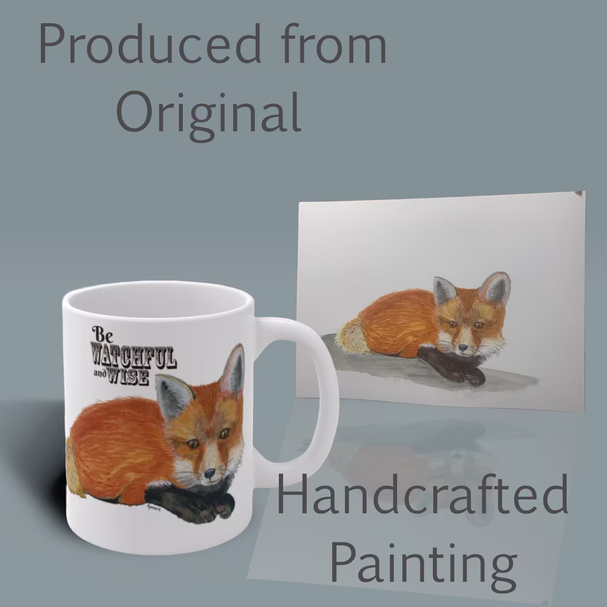 Watchful and Wise Red Fox Winter Mug Shown with the Original Watercolor Painting