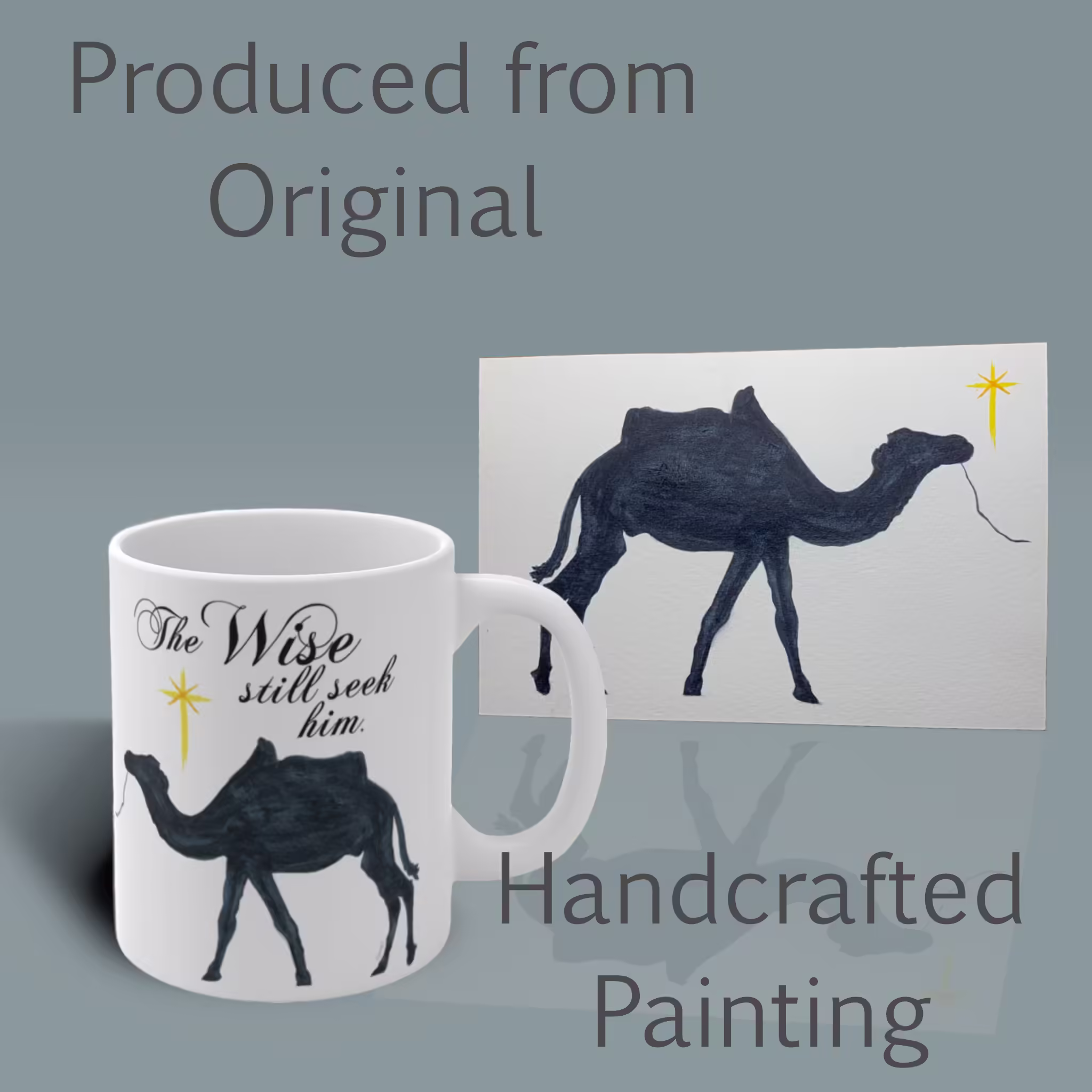 Wise Seekers Christmas Camel and Guiding Star Mug Shown with the original Watercolor Painting