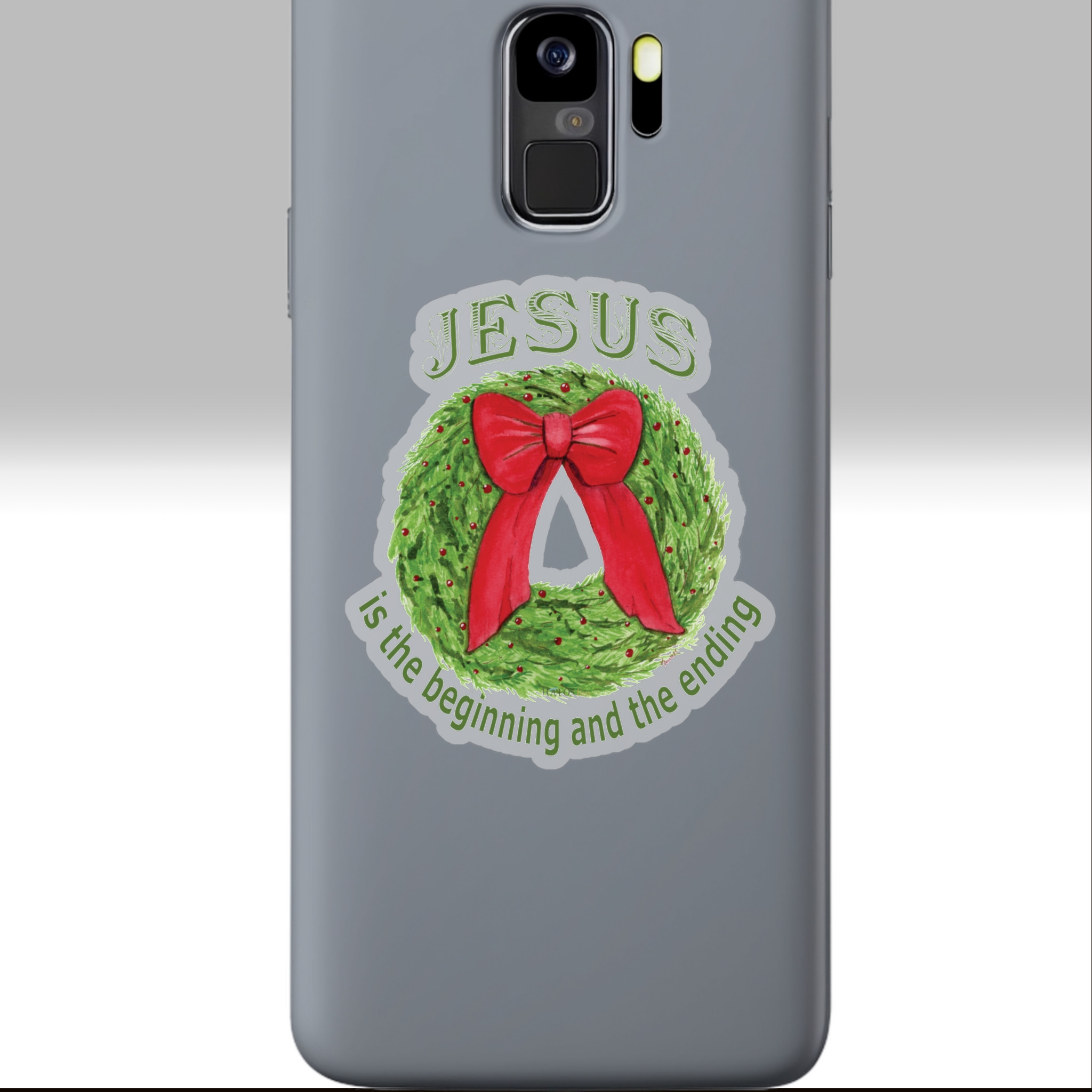 christmas wreath sticker jesus the alpha and omega 3x3 transparent on a phone