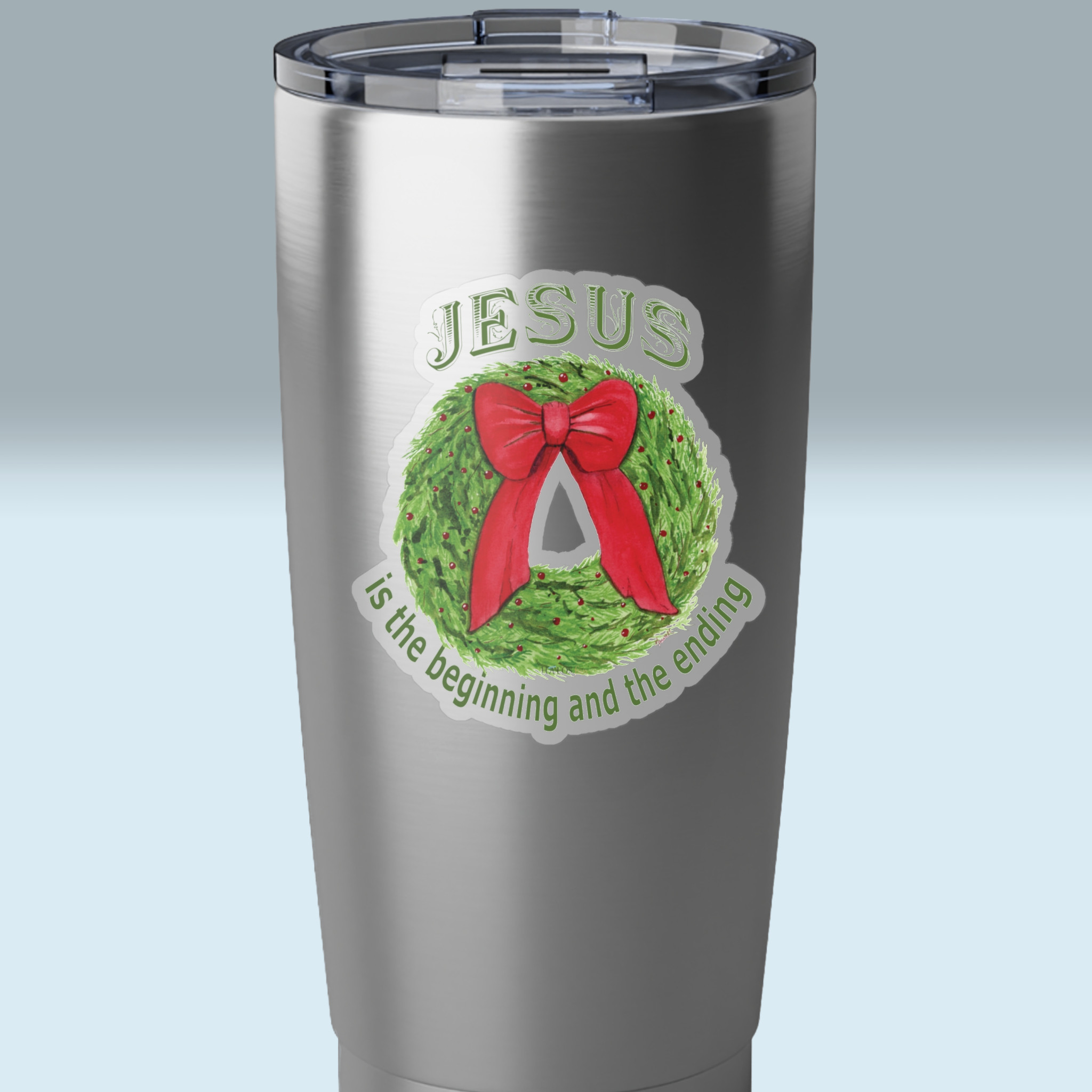 christmas wreath sticker jesus the alpha and omega 3x3 transparent on a tumbler