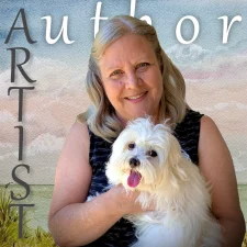 A picture of Kathryn Kay Powell the Artist and Author holding her Maltese dog Krispen. The background is one her watercolor paintings of a ocean sunset with the Words Artist and Author Written in the background Where Faith Takes Flight