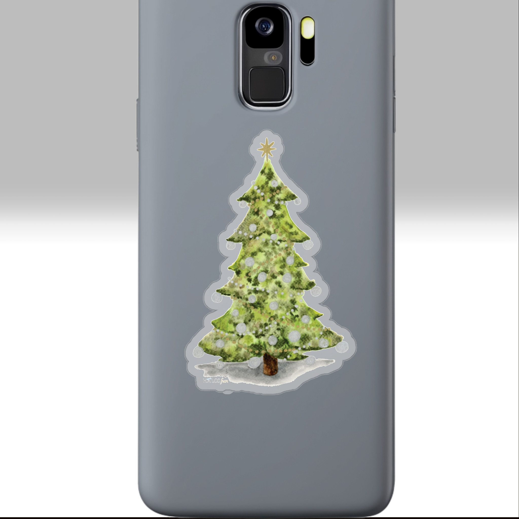 enchanting christmas tree sticker with golden star 3x3 transparent on a phone