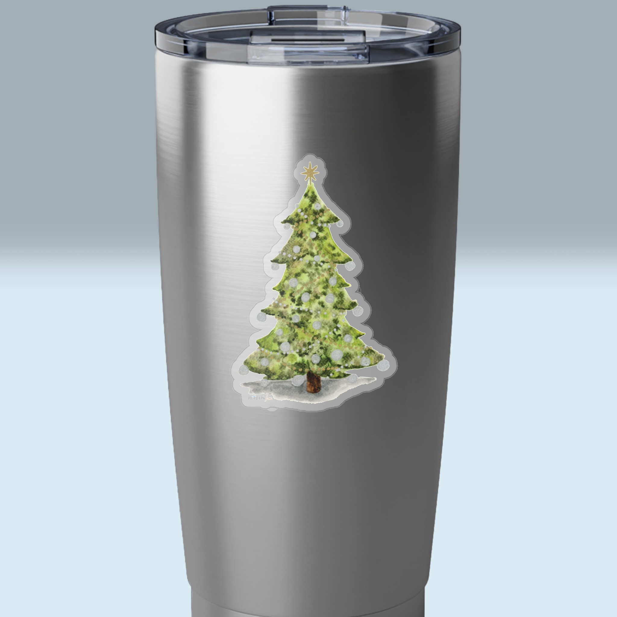 enchanting christmas tree sticker with golden star 3x3 transparent on a tumbler