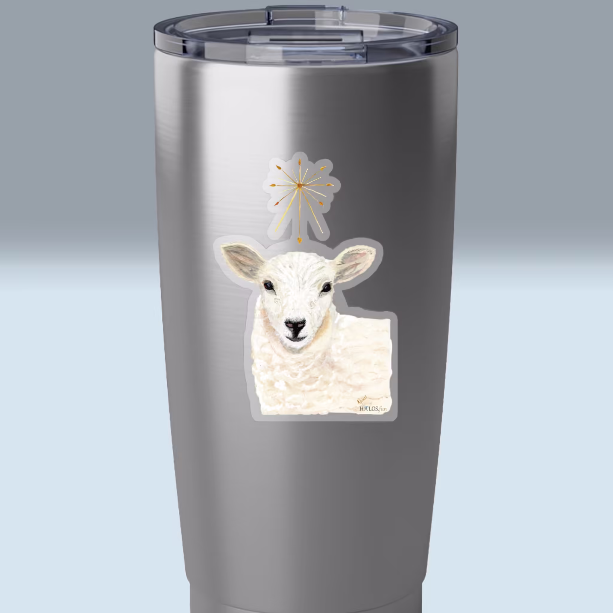 lamb with guiding star sticker 3x3 transparent on a tumbler