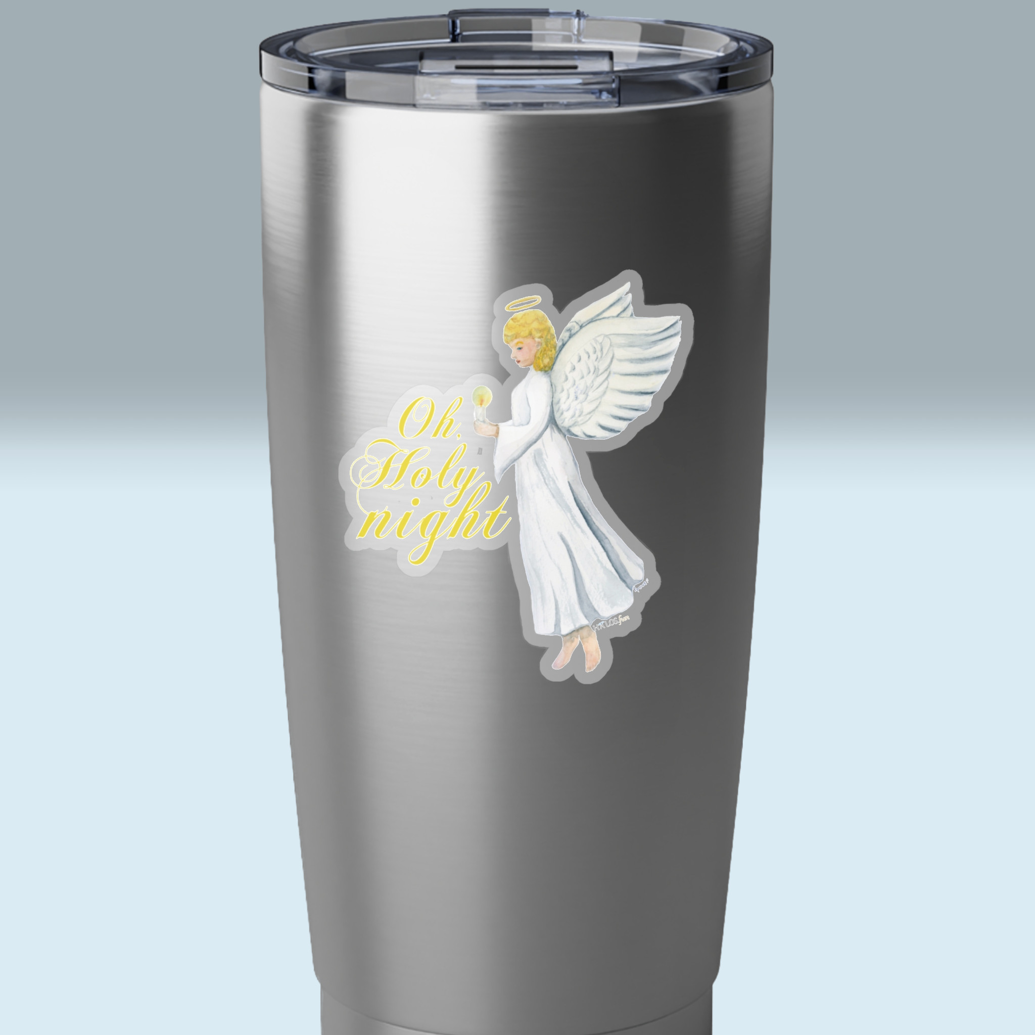 oh holy night angel sticker 3x3 transparent on a tumbler