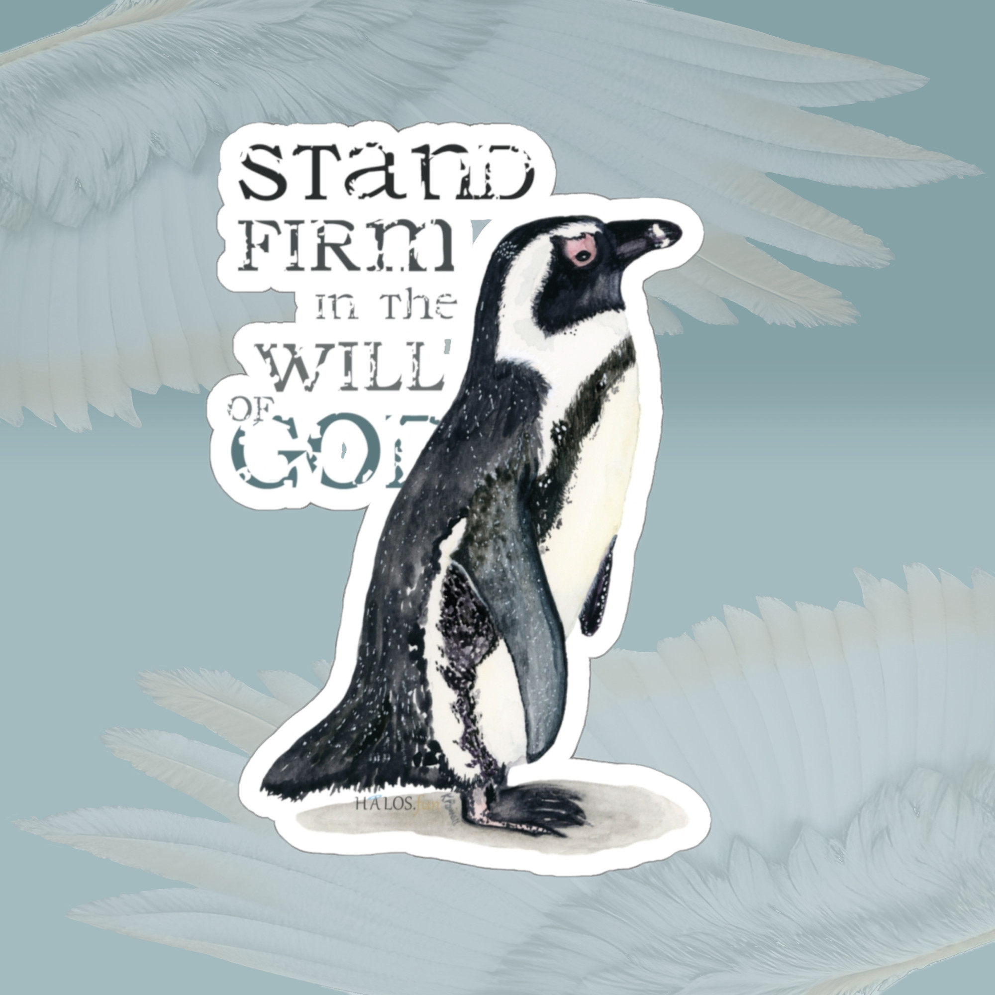 stand firm penguin winter sticker 4x4 white Framed by Angels Fly Here