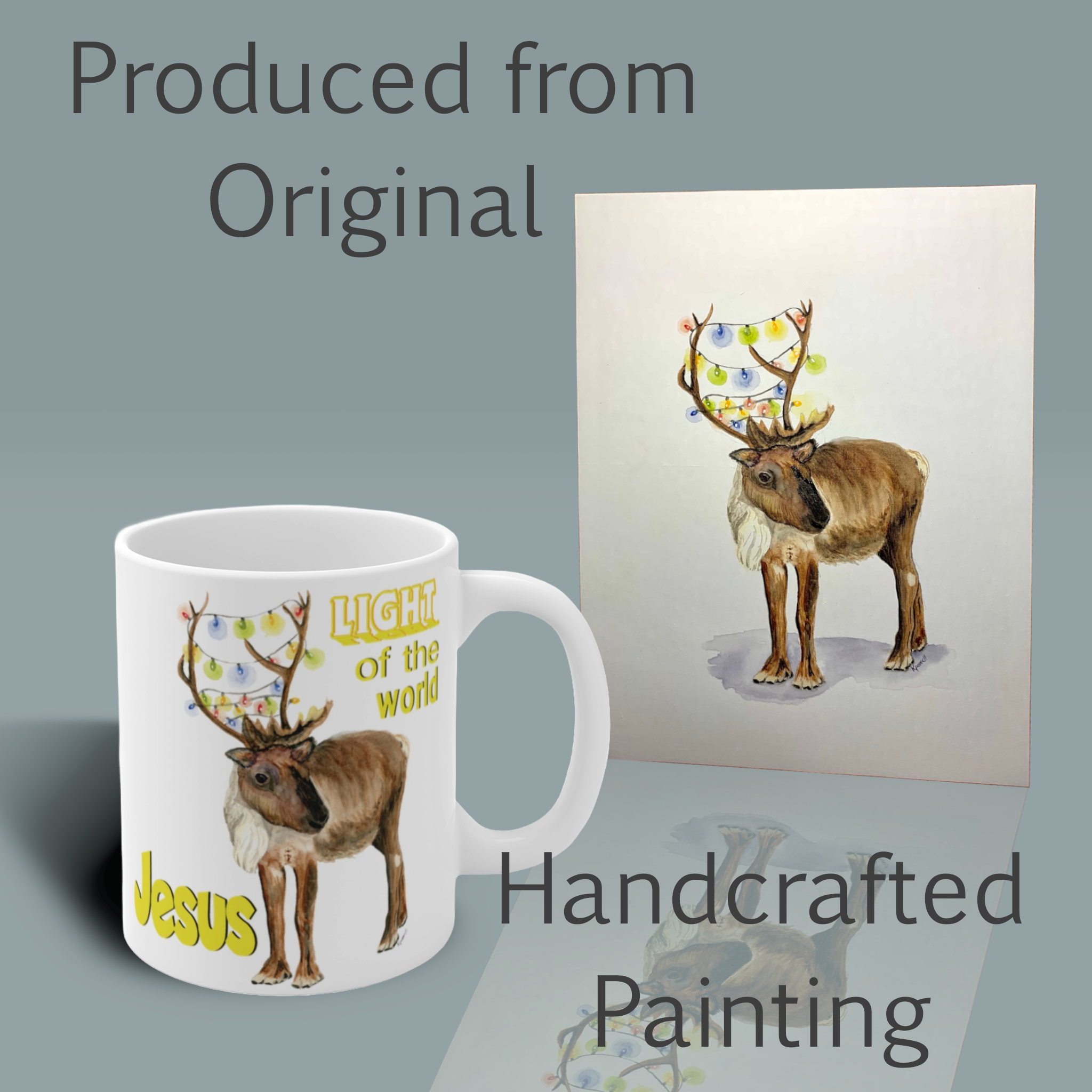 tangled reindeer mug light of the world jesus Shown With the Original Watercolor Painting