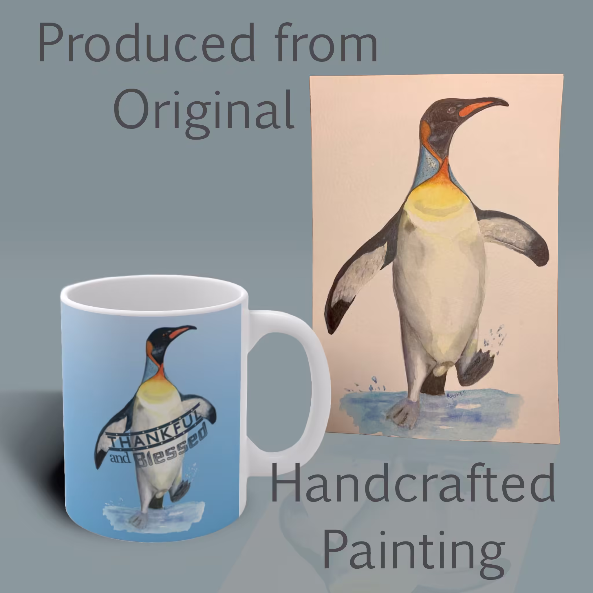 thankful-and-blessed-penguin-mug-hand-painted-watercolor-art Shown With the Original Painting
