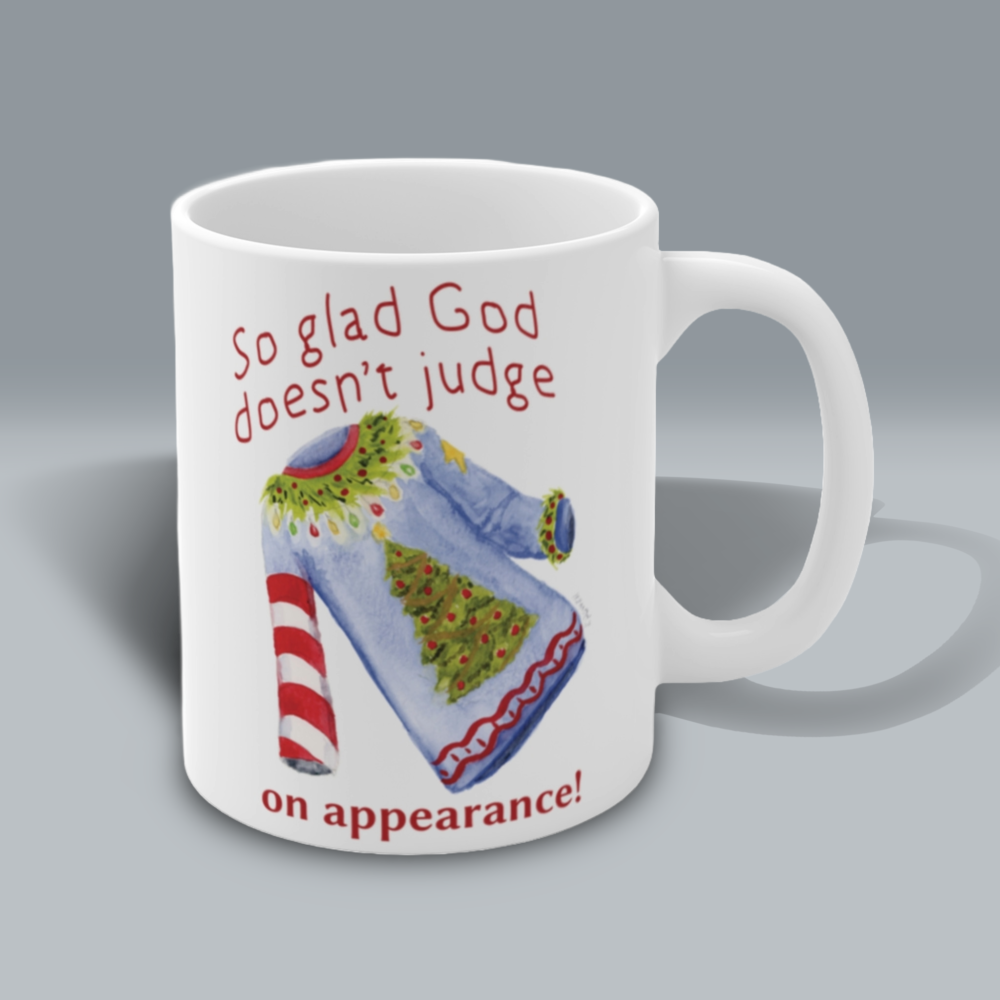 ugly christmas sweater mug god looks at the heart Right