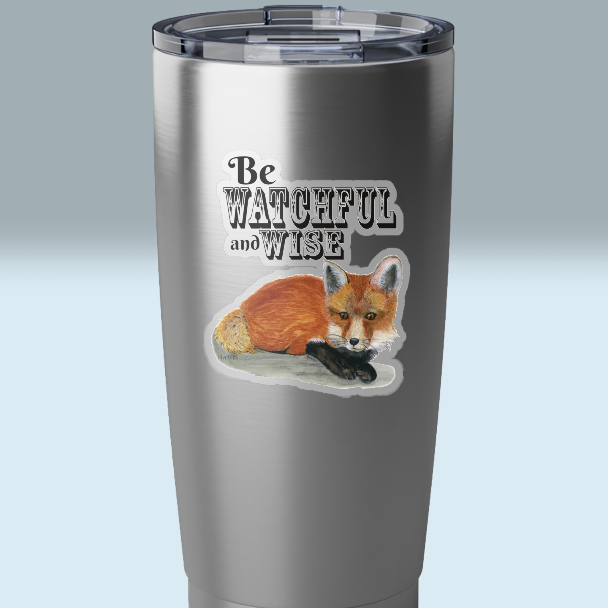 watchful and wise red fox winter sticker 3x3 tansparent on a tumbler