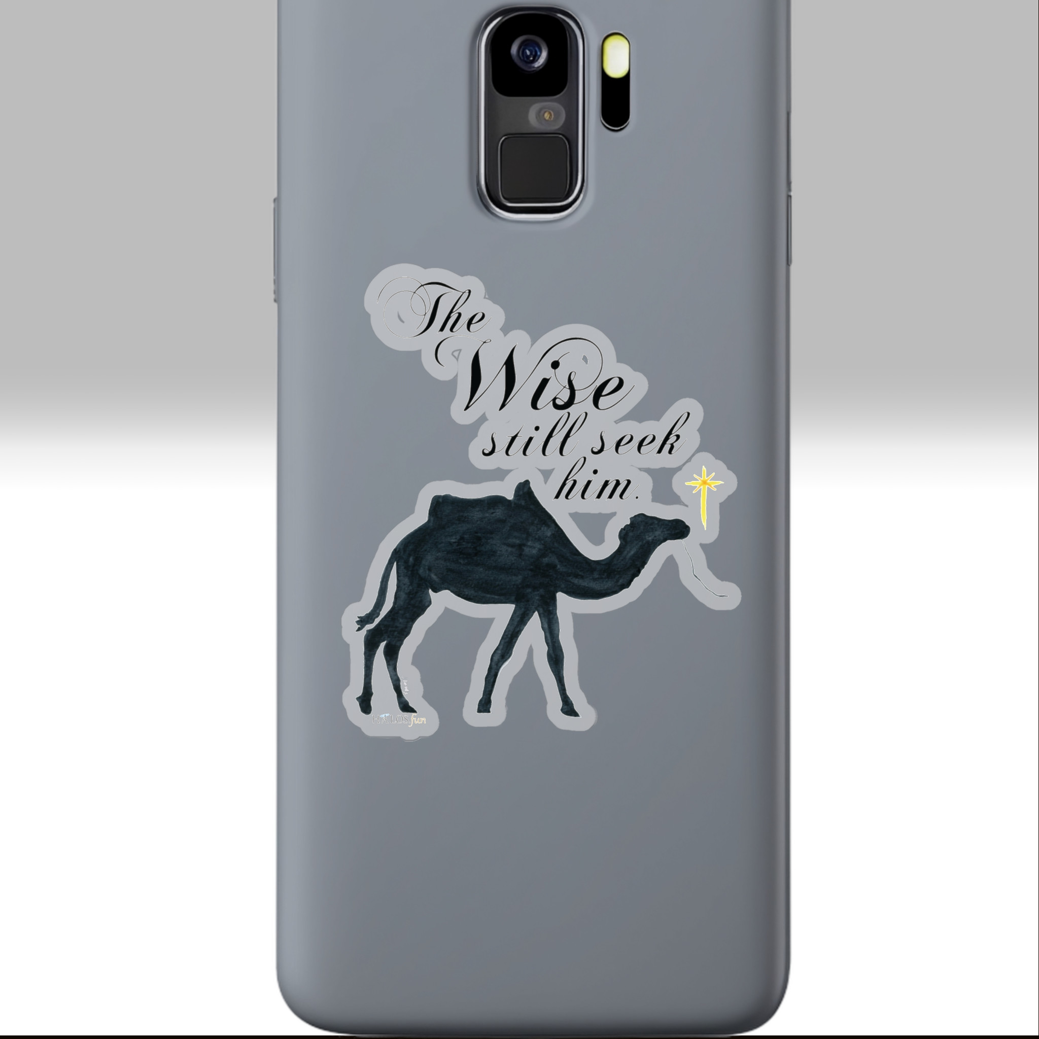 wise seekers camel christmas sticker 3x3 tranparent on a phone