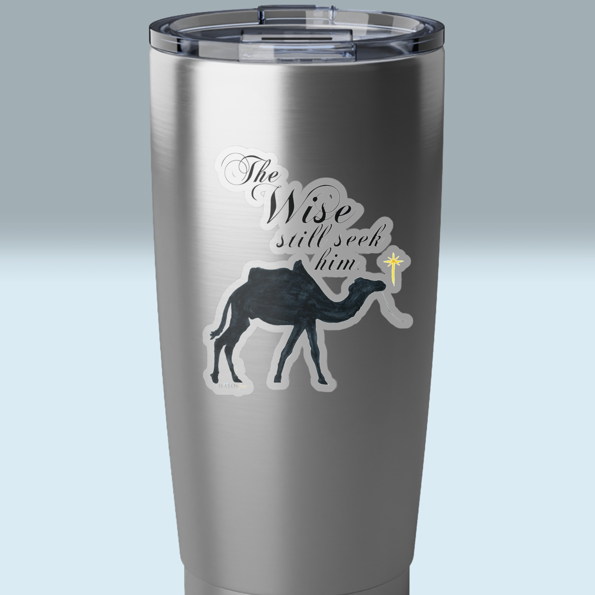 wise seekers camel christmas sticker 3x3 tranparent on a tumbler